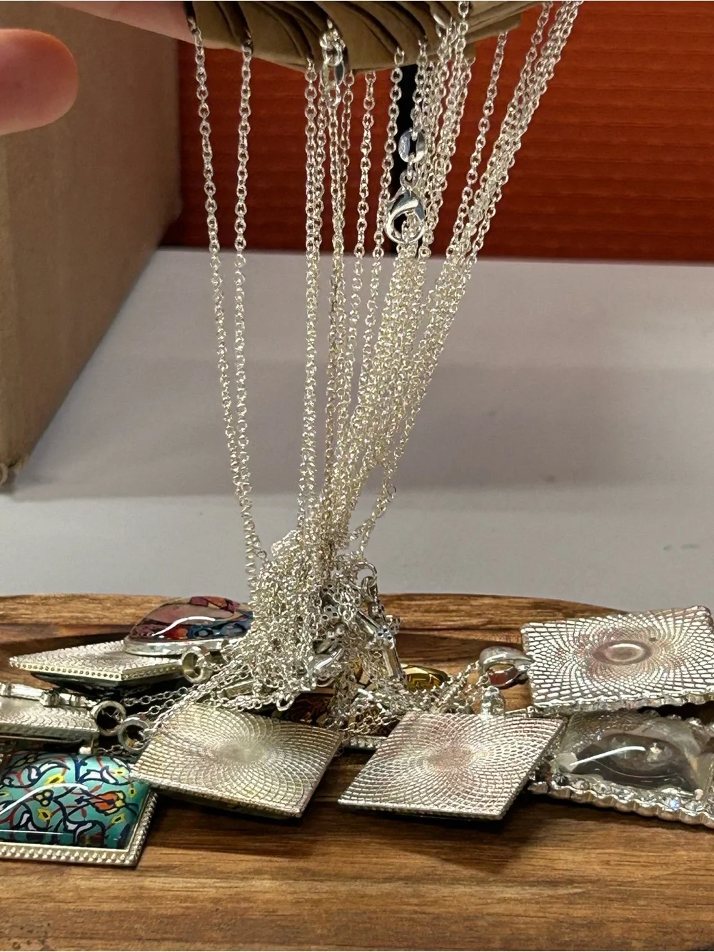 10 Silver tone Multi-Color Patterned Glass Pendant Necklaces